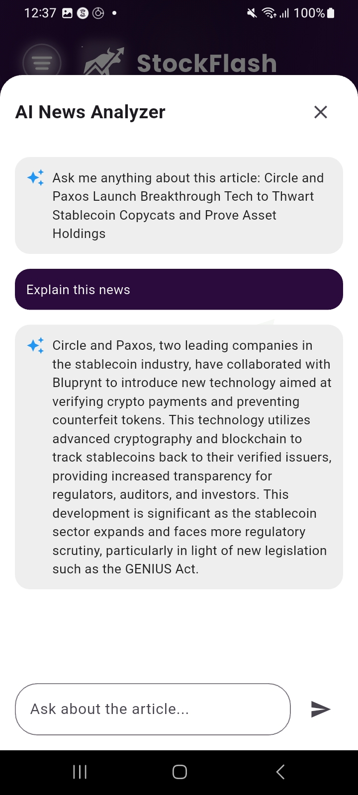 StockFlash AI News Analyzer Chat Interface
