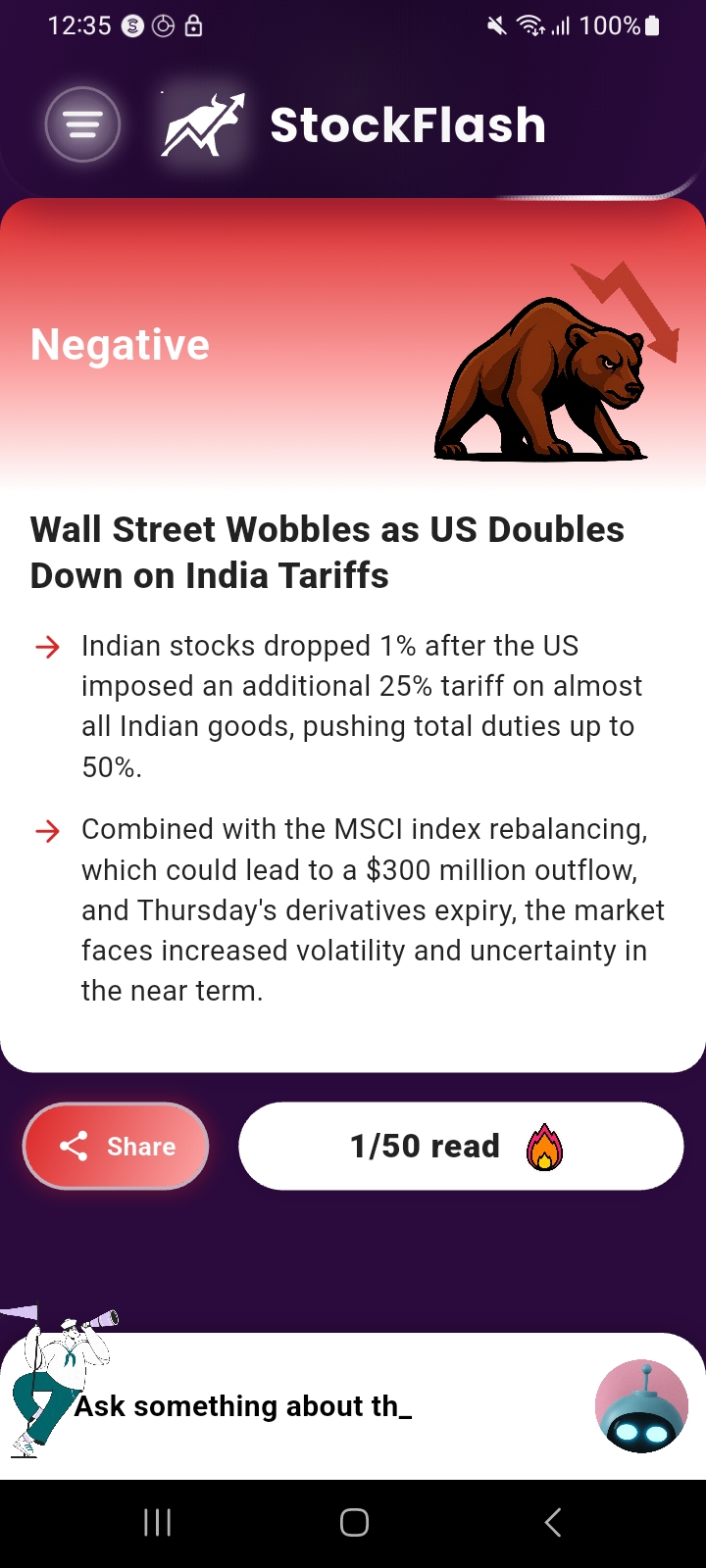 StockFlash App showing negative sentiment news analysis
